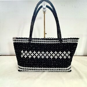 Handmade Elegant Black and White Acrylic Beaded Tote Bag Size XL (NWOT)